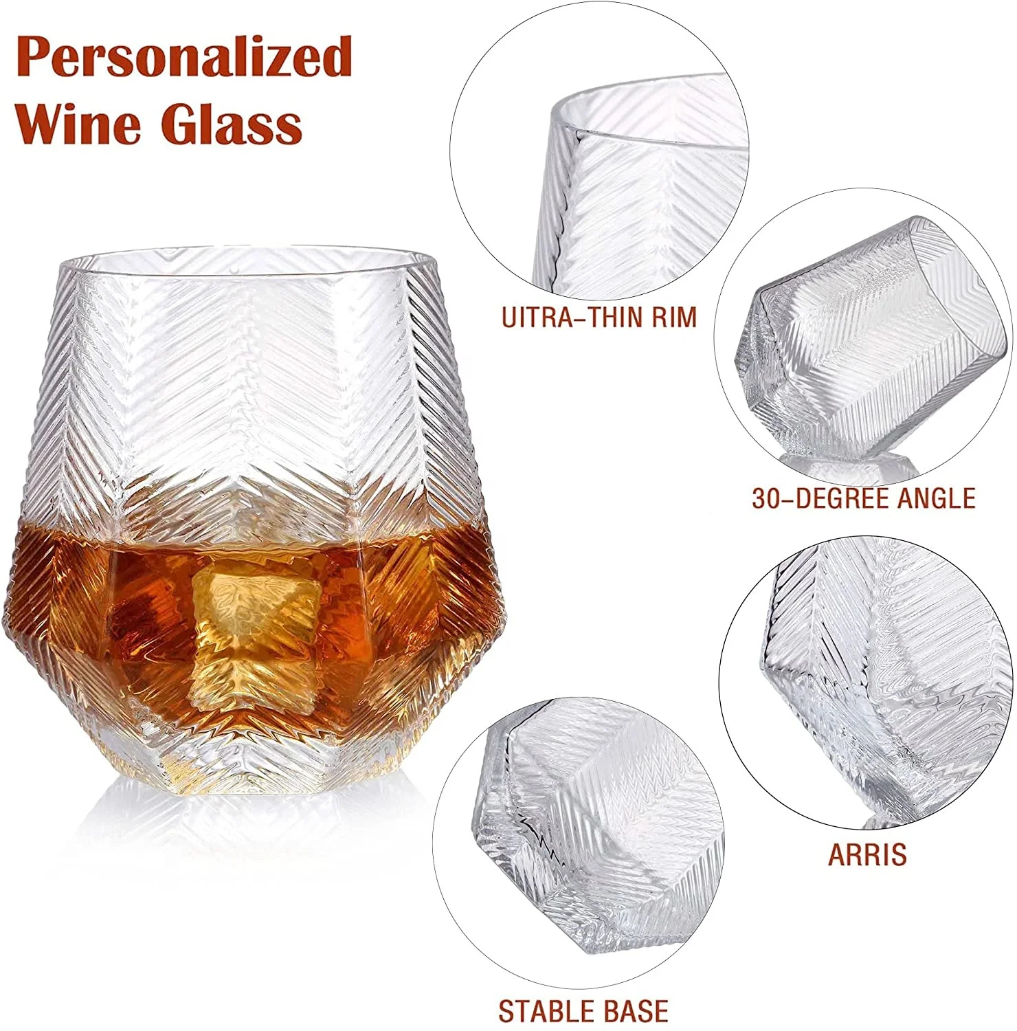 Wine Glasses Stemless Wine Glass Set of 6 - Crystal Diamond Shape Wine Glass  Modern Drinking Glass Cups Tumblers Glassware for Red White Wine Cocktail  Housewarming Birthday Gift 10oz 