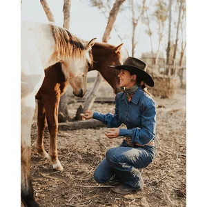 high quality Ladies cotton denim work shirt long sleeve full Button Australian women 100%cotton denim blue Western arena blouse