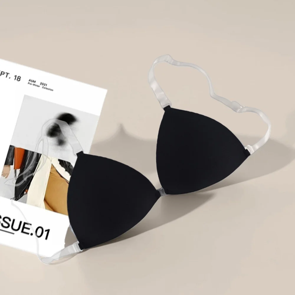 Sexy Triangle Invisible Wire Free Bra with Transparent Strap Matching Bra and Panty Set Breathable Bralette & Thong Set