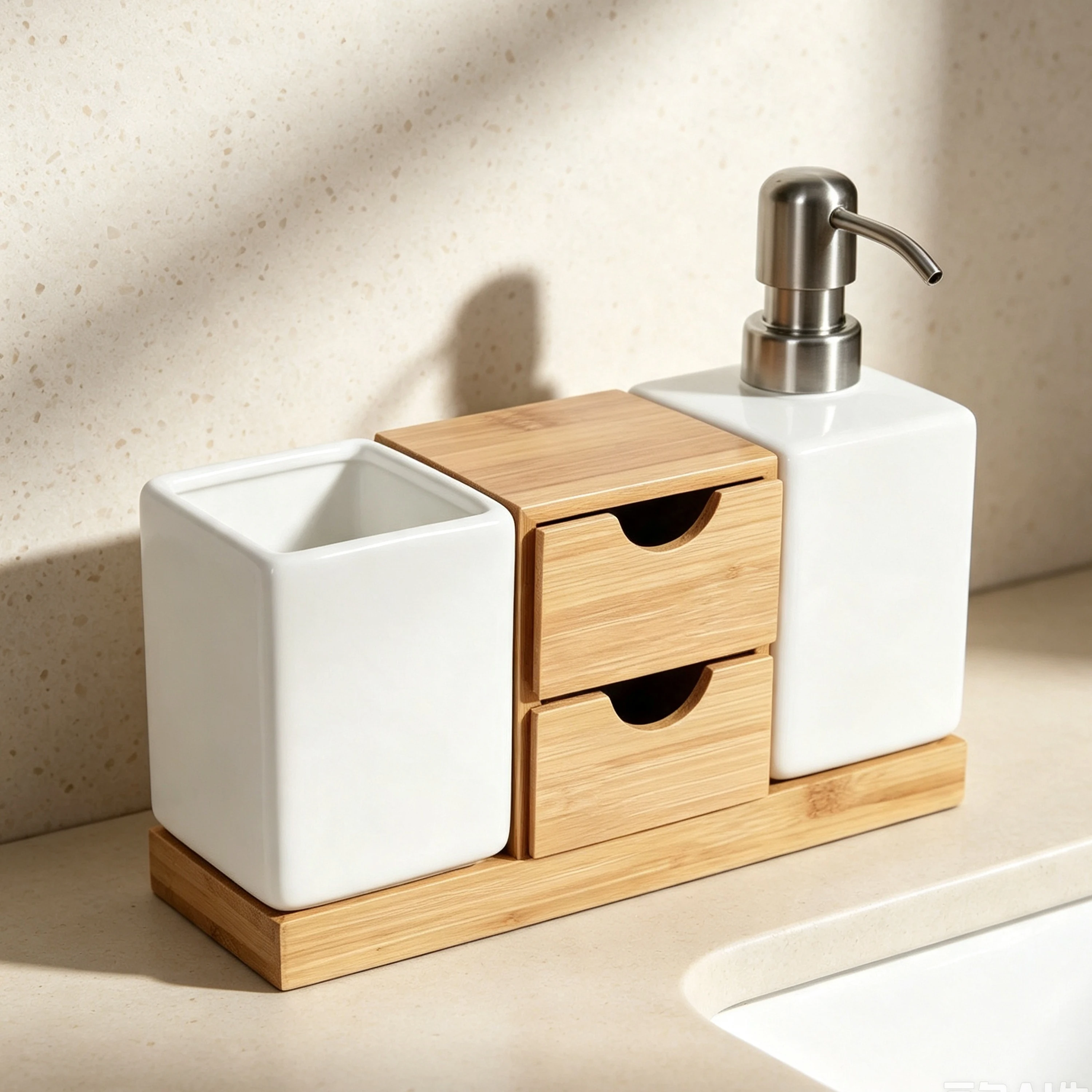 Bamboo Three-piece Countertop Organizer with Drawers Soap Pump Set Modern Bath Accessories Lotion Dispenser Toothbrush Holder