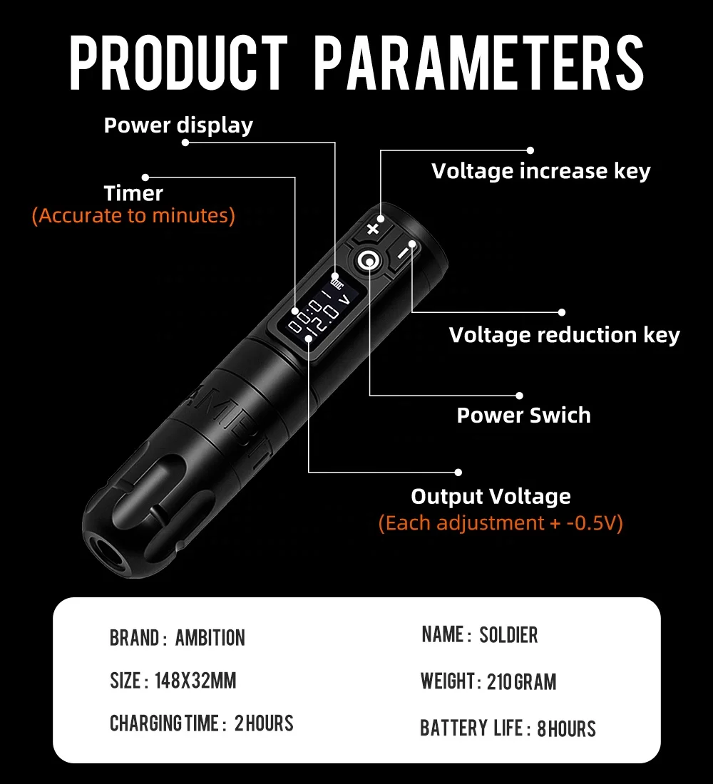 Ambition Soldier 2400mAh デジタルディスプレイ電動タトゥーガン