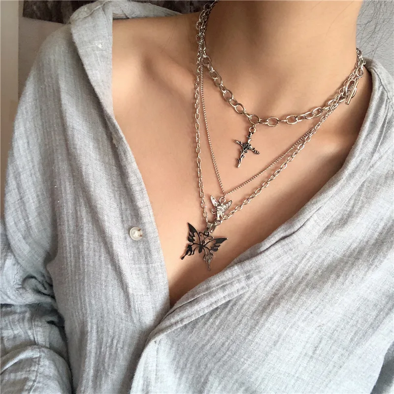 Wholesale Silver Butterfly Pendant Chains Necklace Angel Layered Choker Emo  Aesthetic Chunky Chains Jewelry for Eboy Egirl Women Men From m.