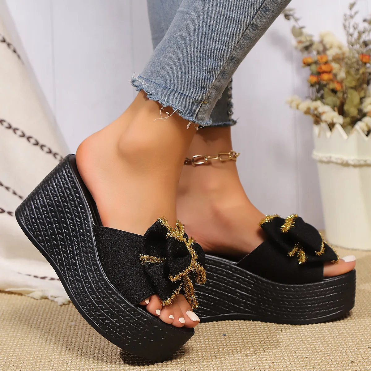 2024 summer platform women's high heels pure color cloth top beach slippers