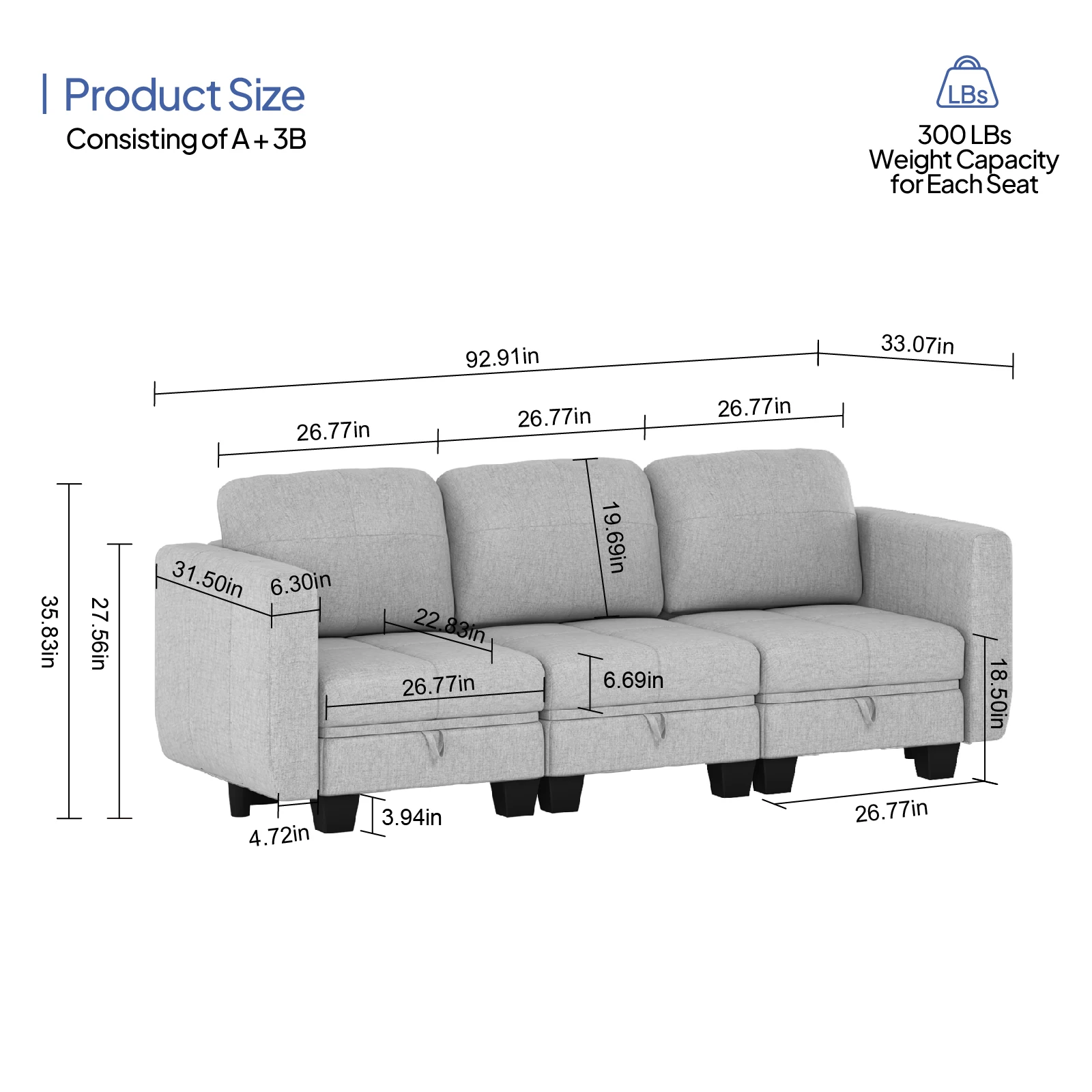 Modern Design 3seater Fabric Modular Sofa With Removable Cover Storage