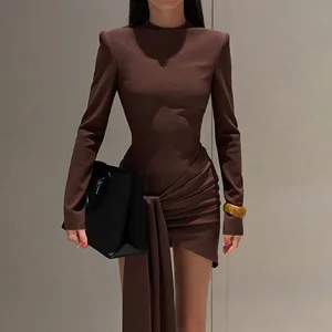 2025 Autumn Winter Hot-Selling Long Sleeve Commuter Style Ribbon Half-High Collar Slim Fit Base Dress