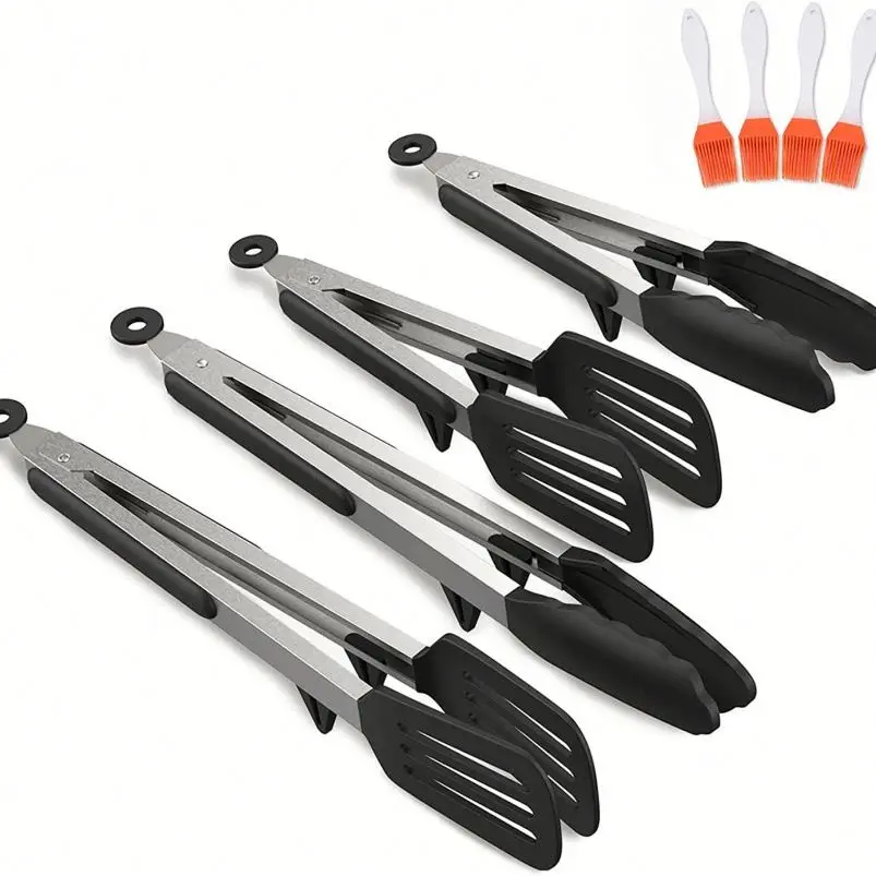 Non-Stick Silicone Food Tongs with Wood Grip Kitchen Cooking Tongs Custom Utensils Set for Baking BBQ USSE Brand Model USSE205