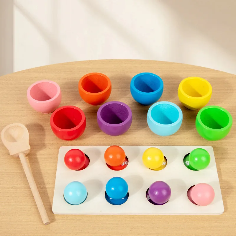Ball in Cup Color Sorting Toy for Toddlers Wooden Rainbow Ball Color Matching Toy Montessori Toys Kids Wooden