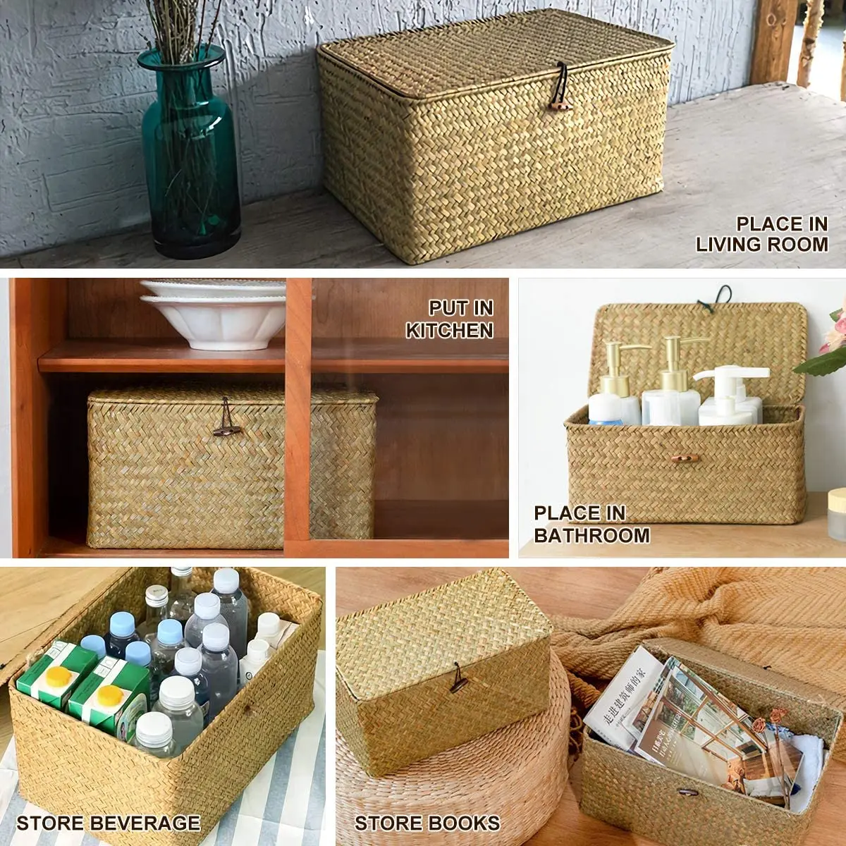 Rattan Storage Box Makeup Organizer Multipurpose Container with Lid Natural sea grass baskets for home