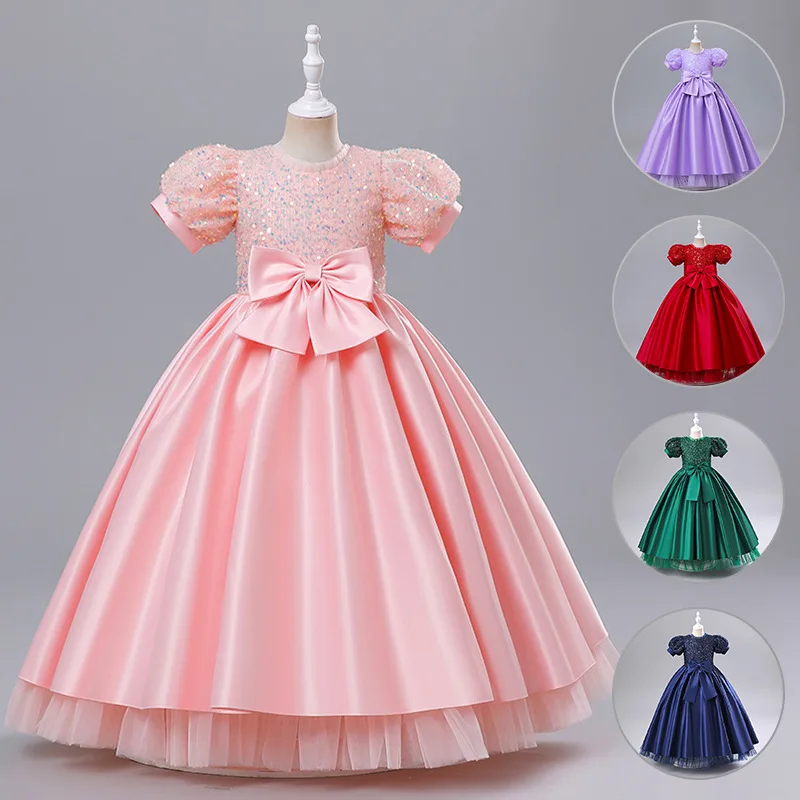 open lace back dress Girl Princess Dress Children Large Fluffy Skirt Elegant Retro Puff Sleeve Birthday Party Dress, Pink / 9-10 Years (150cm)