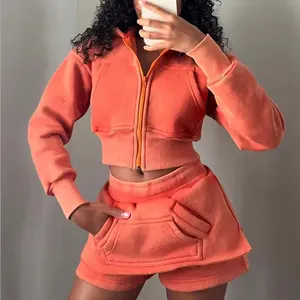 Huili Oem Heavyweight Cotton French Terry Vintage Washed Zip up Crop Top Skirt Custom logo Two Piece Women Hoodie and Short Set