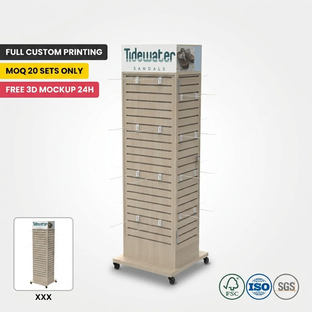 Custom Movable  Light Wood Slatwall Sandal Display Rack with Casters Floor Standing Retail Footwear Display Stand for Shop