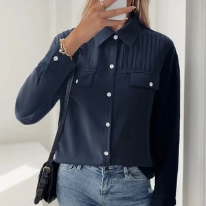 Autumn and Winter New Solid Color With Lapel Button Long Sleeve Loose Shirt Woman