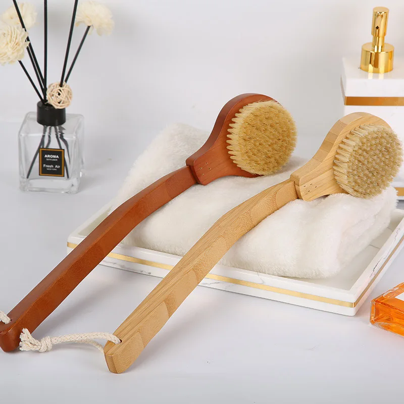 Индивидуальная изогнутая щетка для сухой ванны с бамбуковой деревянной съемной длинной ручкой, щетина из сизаля кабана для мокрой чистки тела