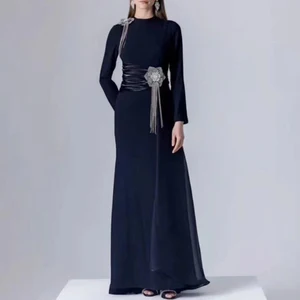Factory Wholesale Designer Fashion Long Dress Women Autumn Winter Stand Long Sleeve Draped Diamonds Socialite Parties Office