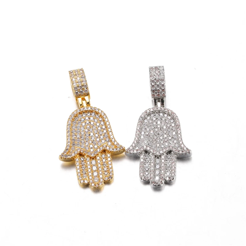 Hip Hop Jewelry Hamsa Hand Pendant Iced Out CZ Cubic Zirconia Necklace Iced Hamsa Hand Pendent Necklace in White Gold Jewelry