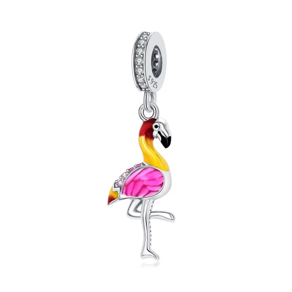 Wholesale 925 Sterling Silver Enamel Flamingo Pendant Charms Beads For Snake Bracelets Fashion DIY Jewelry Animal Silver Charms