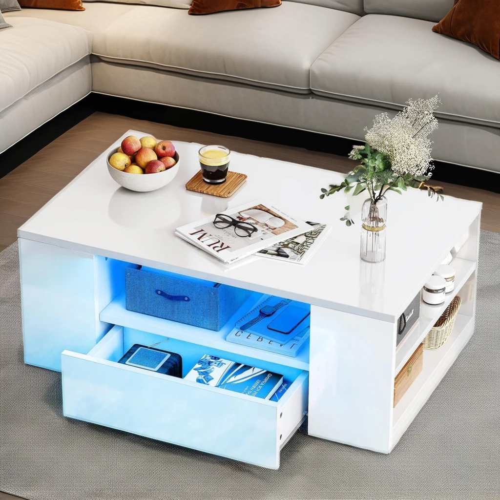 Led Wooden Coffee Table Stylish Storage for Living Room