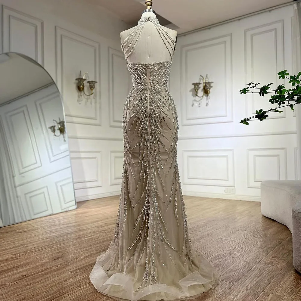 Nude Halter Neck Sleeveless Mermaid Pearls Beaded Dress
