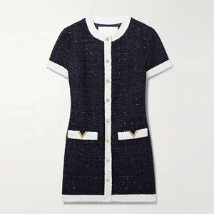 Clothing Manufacturer Custom Spring Summer Black Crew Neck Short Sleeve Elegant Casual Women Tweed Beaded Dress