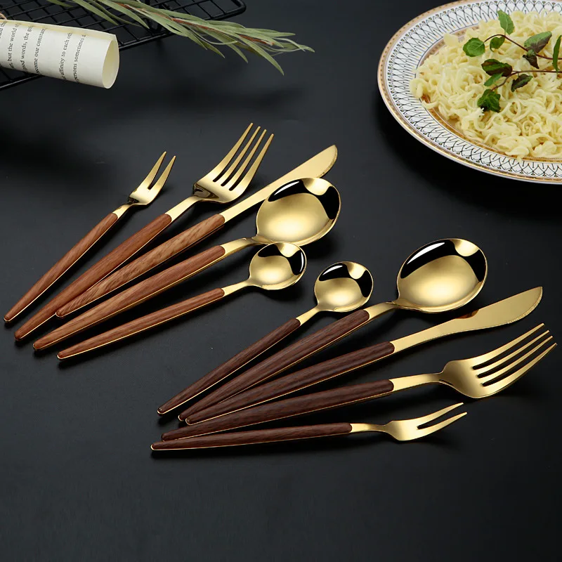 5pcs Custom Gold Utensils Spoon Fork Knife Flatware Metal Stainless Steel Gold Cutlery Set with Printed Wooden Handles