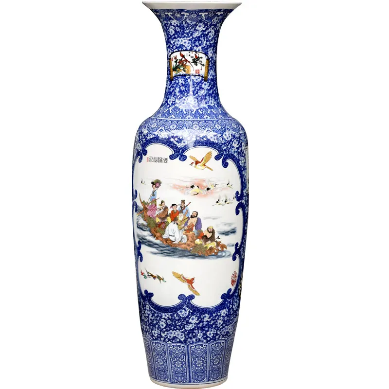 中国古美術✦浮雕・連年有余図・天球瓶30X23cm✦花瓶・文房具・純手描き・陶芸 中国現地買付 六角壺 [鳥山水風景絵] 取手付き 中国雑貨 壺