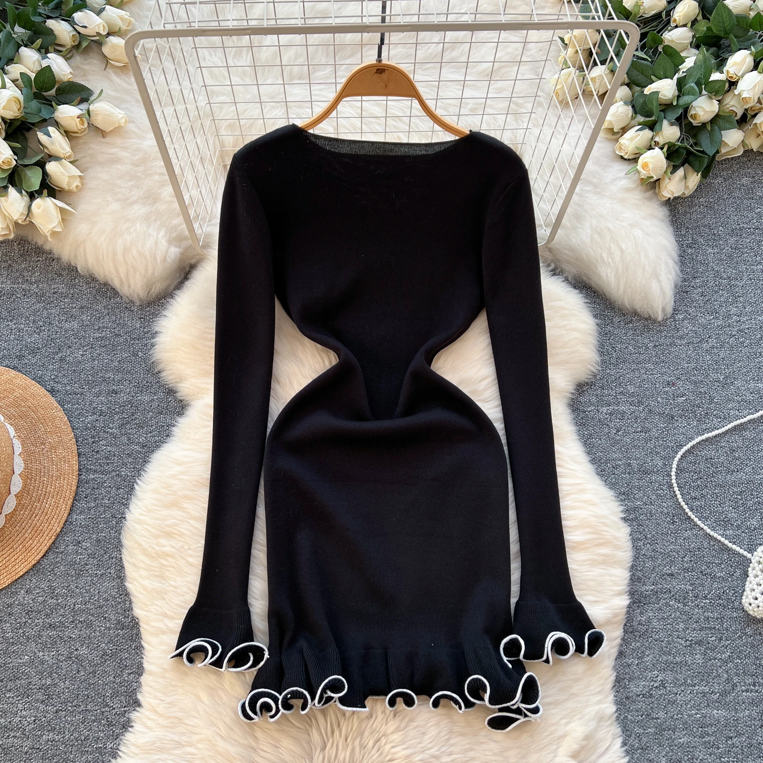 French Retro Metal Buckle Slim Tight Loog Sleeve Casual Knit Dress Spring  Dress