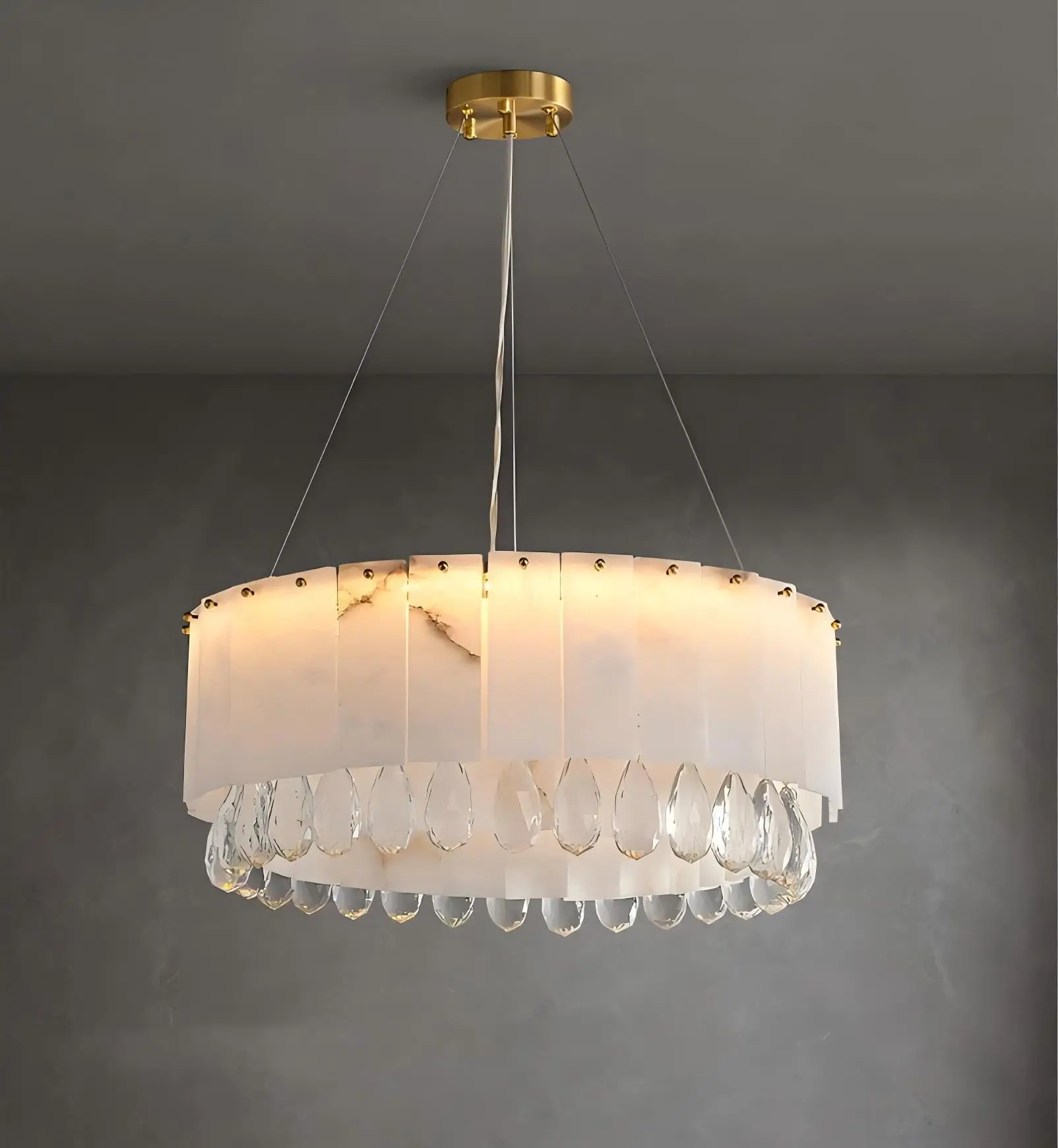 Dinning Table Hanging Decorative Round Ball Led Pendant Lamp Brass Alabaster Chandelier Luxury Snowflake Marble Lights