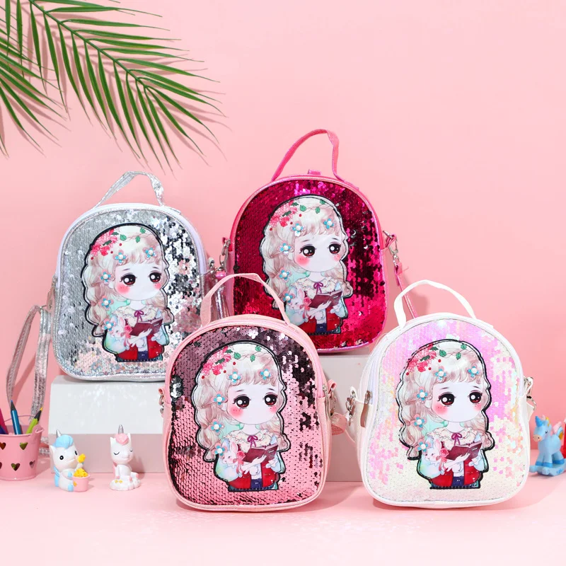 Custom kids backpack school bag Wholesale 2021 New Flash Cartoon Cute Girl Backpack Pu Children's Sequined School Bag