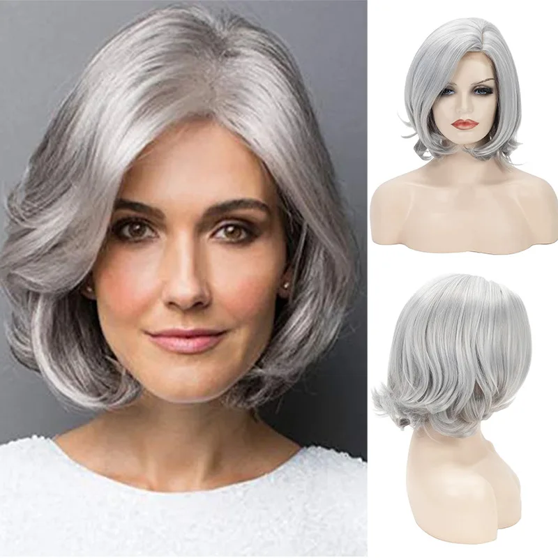 欧美女士中老年妈妈头发银灰色短卷发蓬松栩栩如生的波波假发