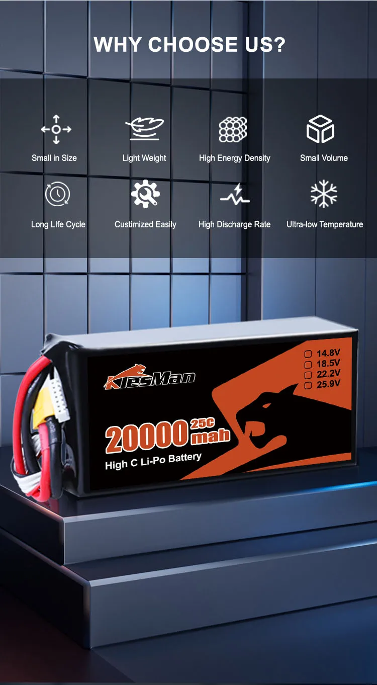 KlesMan 6S 22.2V 20000mAh 25C 100C FPV Drone Lipo Baterai dengan 130 * 72 * 43mm Ukuran dan 800 kali siklus hidup 4