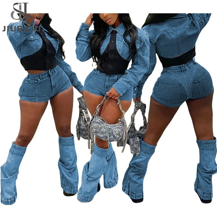 Color Patchwork Jeans Two Piece Set Women Turn Down Collar