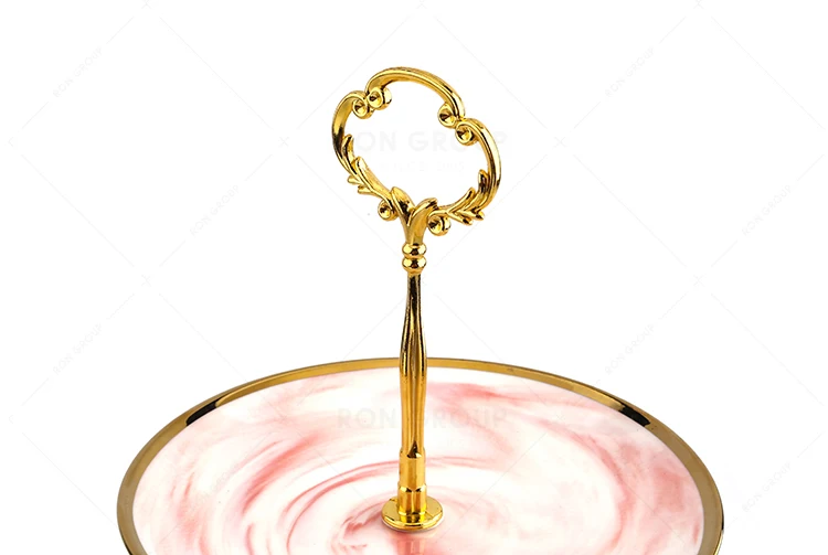 Wedding Party Banquet Restaurant Dishware Gold Rimmed Pink Color Porcelain Round Dinner Ceramic 3 Tier Cake Stand Dessert Plate