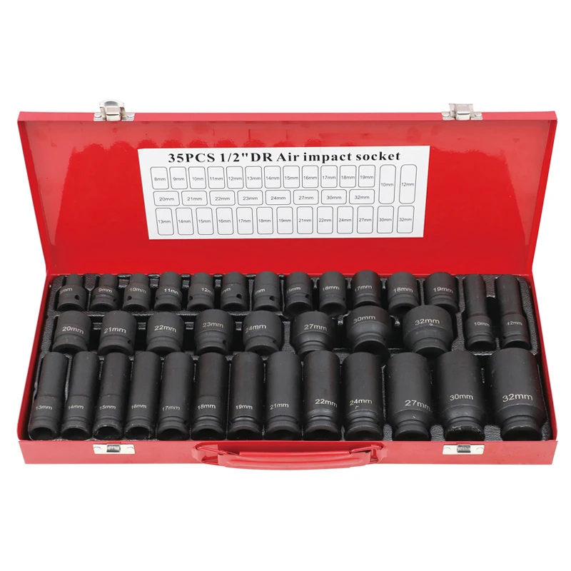 35 Pcs Half Inch Black Standard and Deep Metric Impact Socket Set