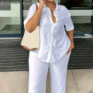 GX5363 Fashion 2026 Street Wear Casual Clothing Vendor Short Sleeve Turn Down Neck Shirt and Wide Leg Pant Women 2 Piece Set