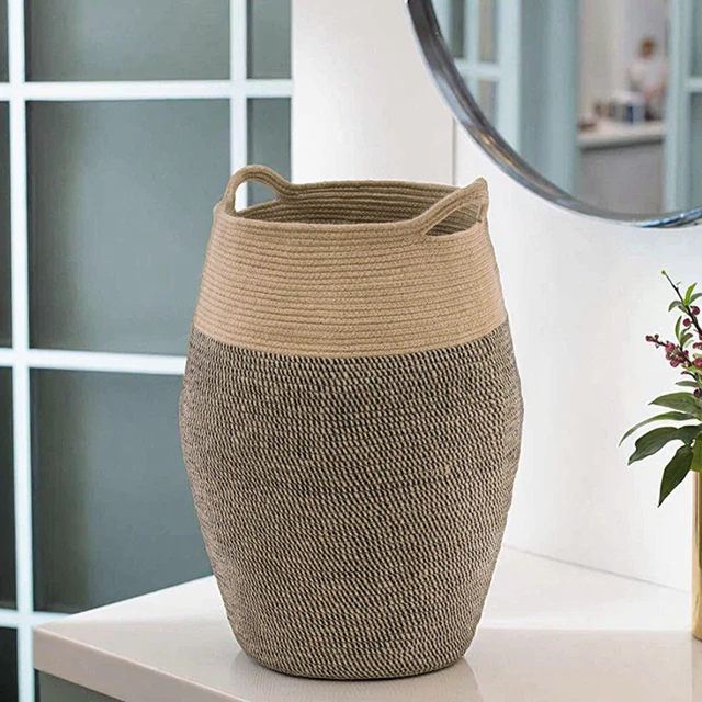 Cotton Rope Fish Basket Foldable Fabric Woven Laundry Basket for Organizing Blanket Clothes Storage for Bedroom or Bathroom