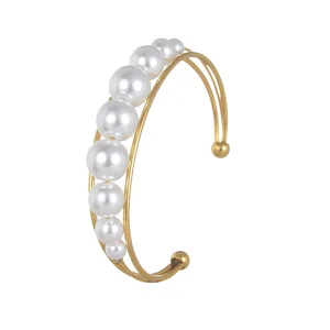 Fine Jewelry Vintage Style Women Double Layer Bracelets Bangles 18K Gold Plated Stainless Steel Pearl Open Bangles