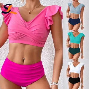 Custom 2026 New Sexy Solid Ruffle Two Piece Bikini Set V Neck Swimsuit Women High Waist Thong Fitness Swimwear