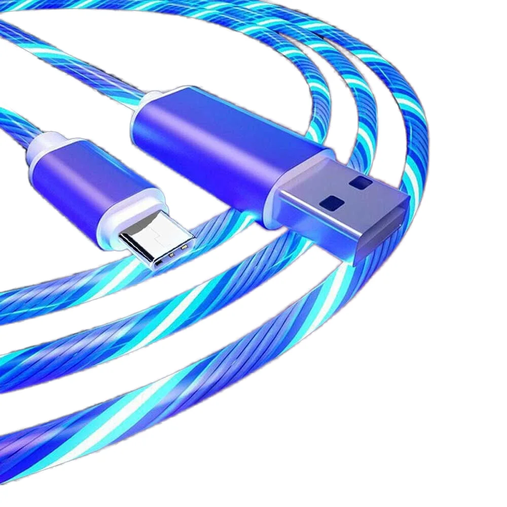 3 1 Durable Charging Cable Fast LED Flowing Light Charger IOS Type C Micro USB Android 5A Current Nylon Jacket Braid Shielding
