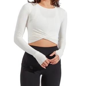 2023 Cropped Navel Sports TopYoga Top Slim Nylon Long Sleeve T-shirt Round Neck Open Navel Fitness Quick Drying Clothes