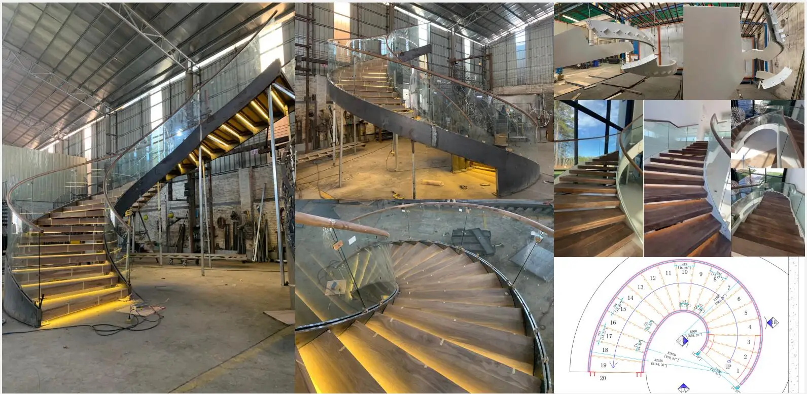 Modern Design Double Steel Plates Stairs Curved Wooden Stringer Treads Staircase with Glass Railing manufacture