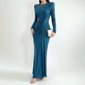 ZYHT 73938 Shinny Lace Dark Blue Ruched Pleats Drop Ruffle Long Sleeves Maxi Party Elegant Formal Women Lady Dress