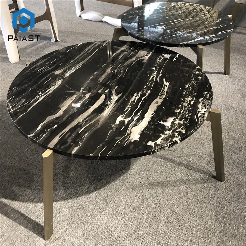 product natural white and black marble modern design  metal base round home coffee table round nature stone interior  table-4