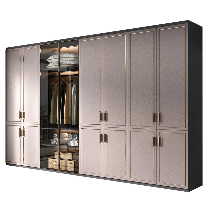 Postmodern Style Custom Wardrobe Minimalist Bedroom Light Luxury Glass Sliding Door Wardrobe