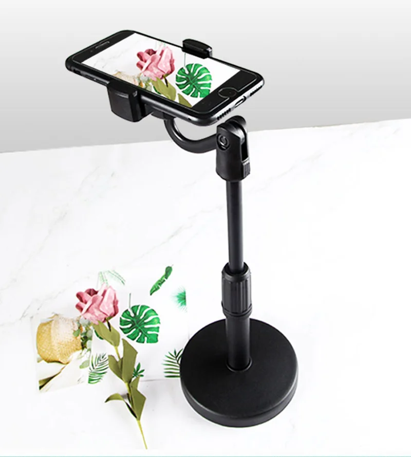 2 in 1 Mobile Phone Holder Tablet Stand Desk 360 Rotate for Desktop Live Streaming Overhead Shoot Video Round Base