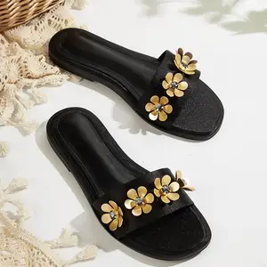 BUSY GIRL CXX129 Ladies Flat Sandals Women's Black Glitter Slide Sandals Embellished with Gold Flower Daily Plus Size Beach