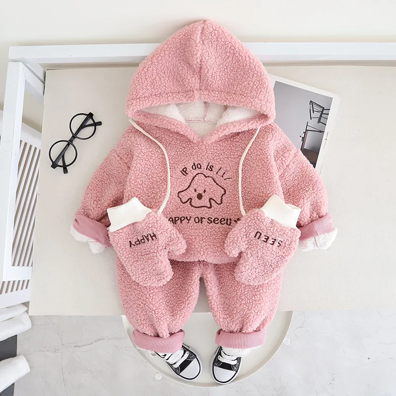 Factory Price Winter Plush Kids Clothes Sets Casual Hooded Top and Pants 2 Pieces Warm Boys Clothes Sets With Glove