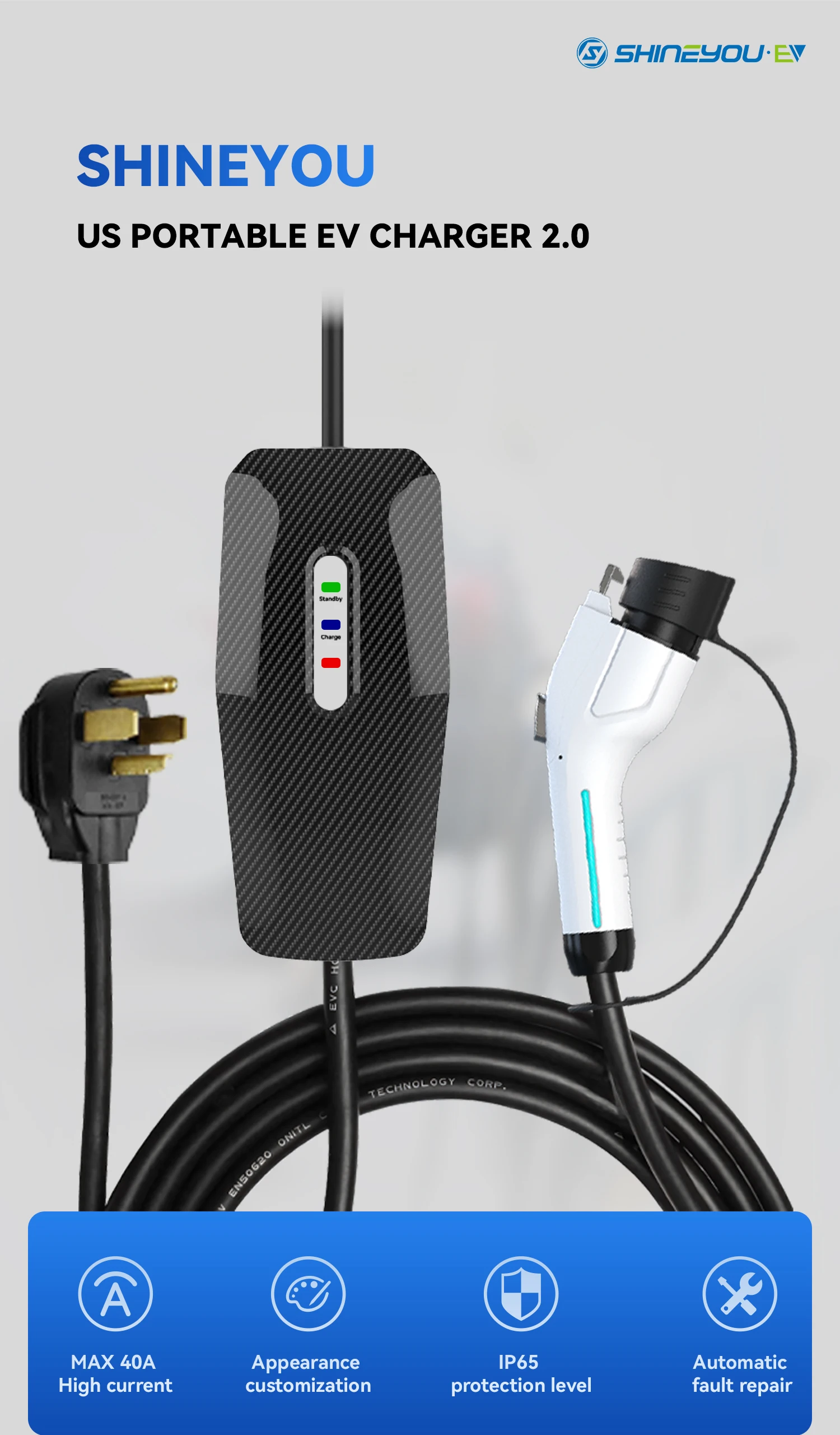 Shineyou Type 1 Max 32a 7.2kw Quick Chage Plug Sae J1772 Fast Charging Home Use Adjustable Level