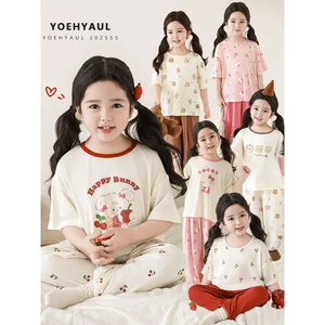 YOEHYAUL X5079 Breathable Kids 2 Piece Summer Pajamas for Kids Girl Cartoon Print Kids Sleepwear Pajamas Set