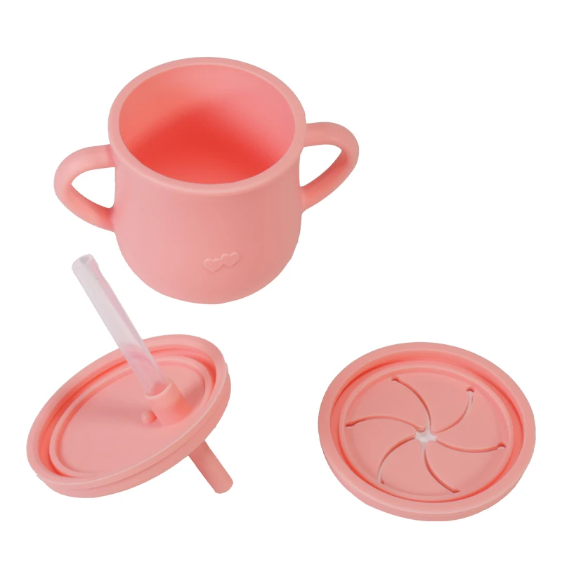 product customized non spill toddler drink training cup 2 lids sublimation kids baby silicone snack sippy cup with straw508-57