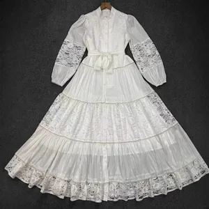 Designer Fashion Autumn New Dress Women's Casual Solid Elegant Lace Patchwork Lantern Full Sleeve Stand Collar Long Party